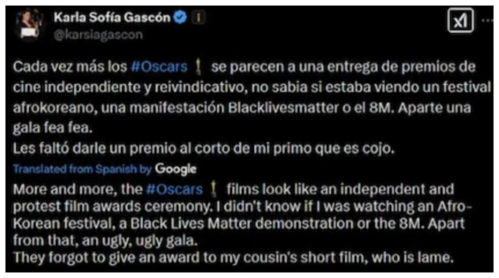 Karla Sofía Gascón enfrenta polémica por tuits racistas y críticas a los Oscars 3 ks11