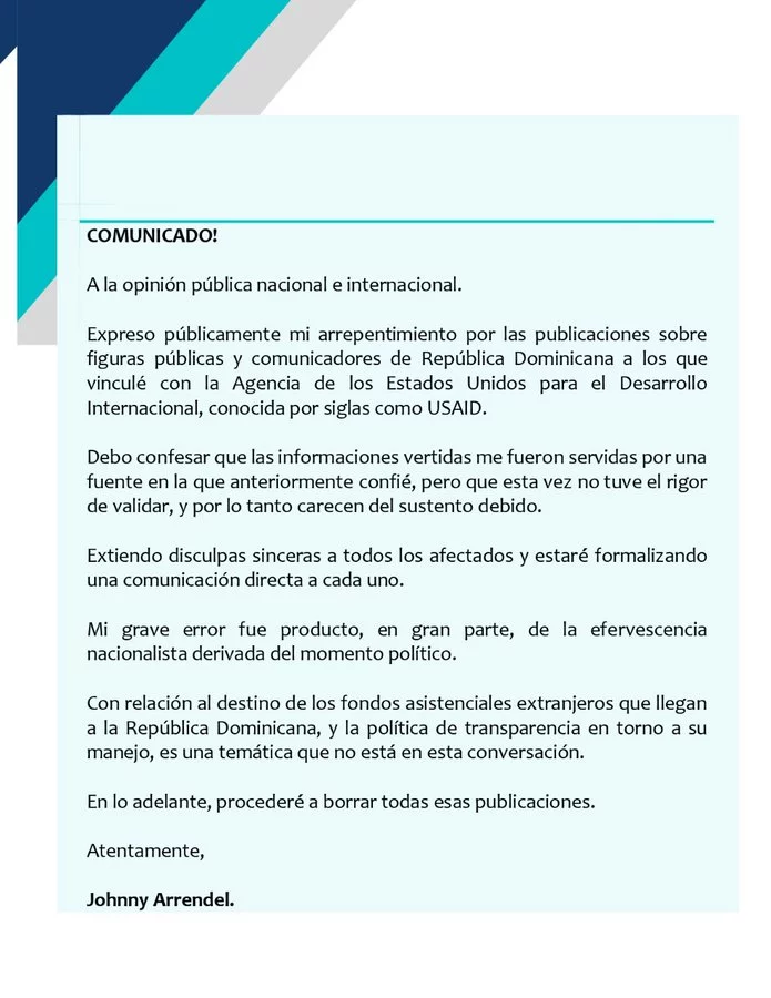 Johnny Arrendel se retracta y pide disculpas tras acusar sin pruebas a periodistas de recibir fondos de USAID 2 Gj7APm5WgAAQpUG
